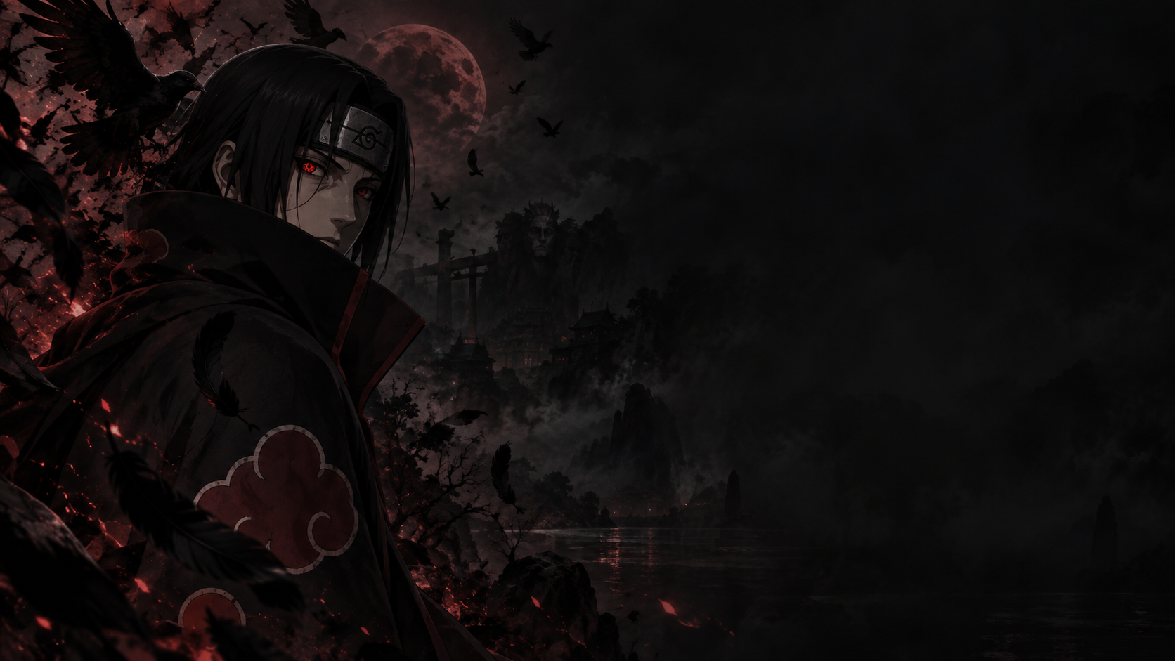 Itachi Uchiha com Sharingan, corvos e uma lua vermelha